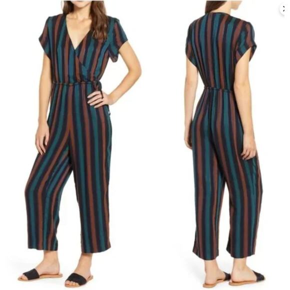Madewell Women Kent Stripe Short Sleeve Jumpsuit Faux Wrap Elastic Waist Size 0 - Picture 1 of 16